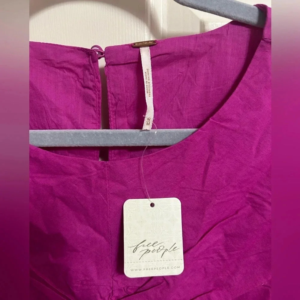Free People Hope Fuchsia Pink Ruched Puff Sleeve Cotton Mini Dress Medium New - Picture 4 of 8